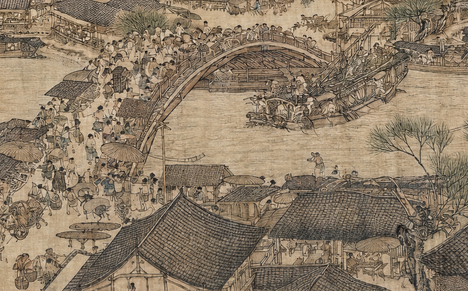 A Qingming scroll bridge with a vessel approaching beneath it