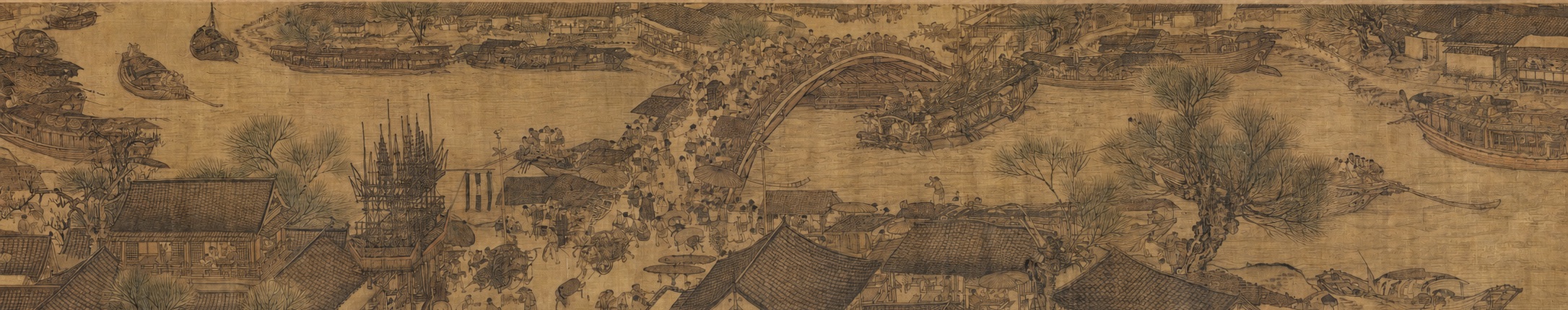 A wide Qingming scroll scene of river traffic and city density
