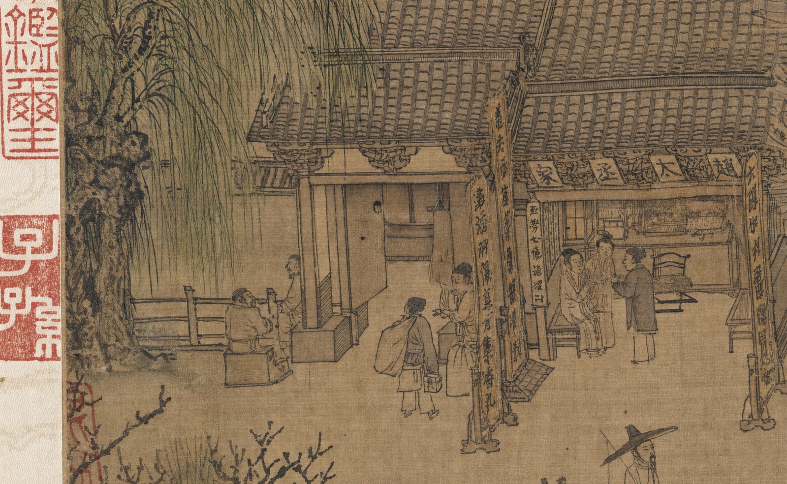 A Qingming scroll detail of an architectural threshold and crowd