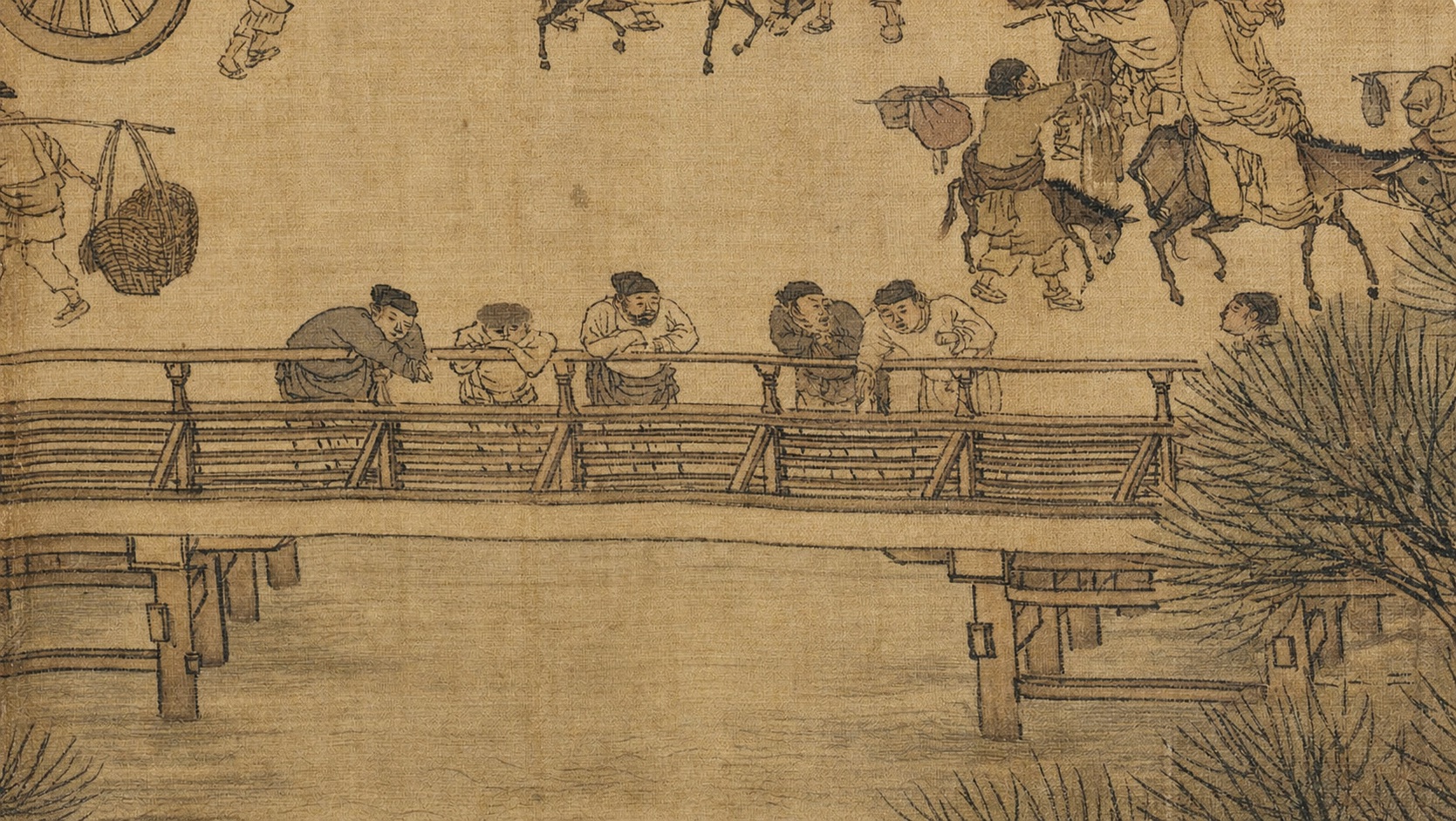A Qingming scroll detail of bridge watchers and movement
