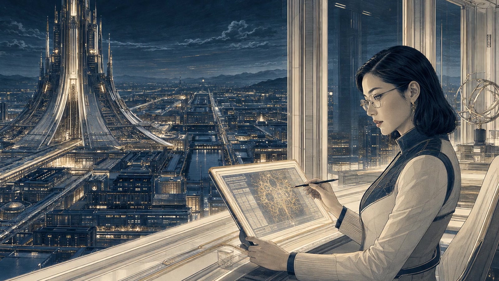 Ai Li examines a luminous pattern beside a window overlooking New Capita’s futuristic spire