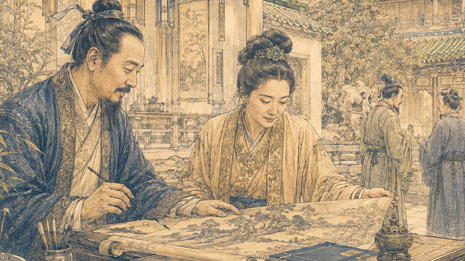 Two observers examine the same landscape scroll in a Chinese courtyard, drawn in navy on ivory