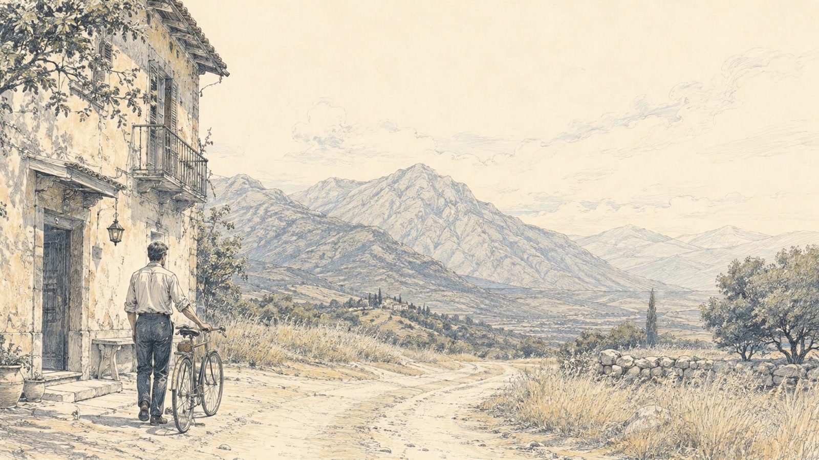 A man with a bicycle looks towards distant mountains, drawn in navy on ivory
