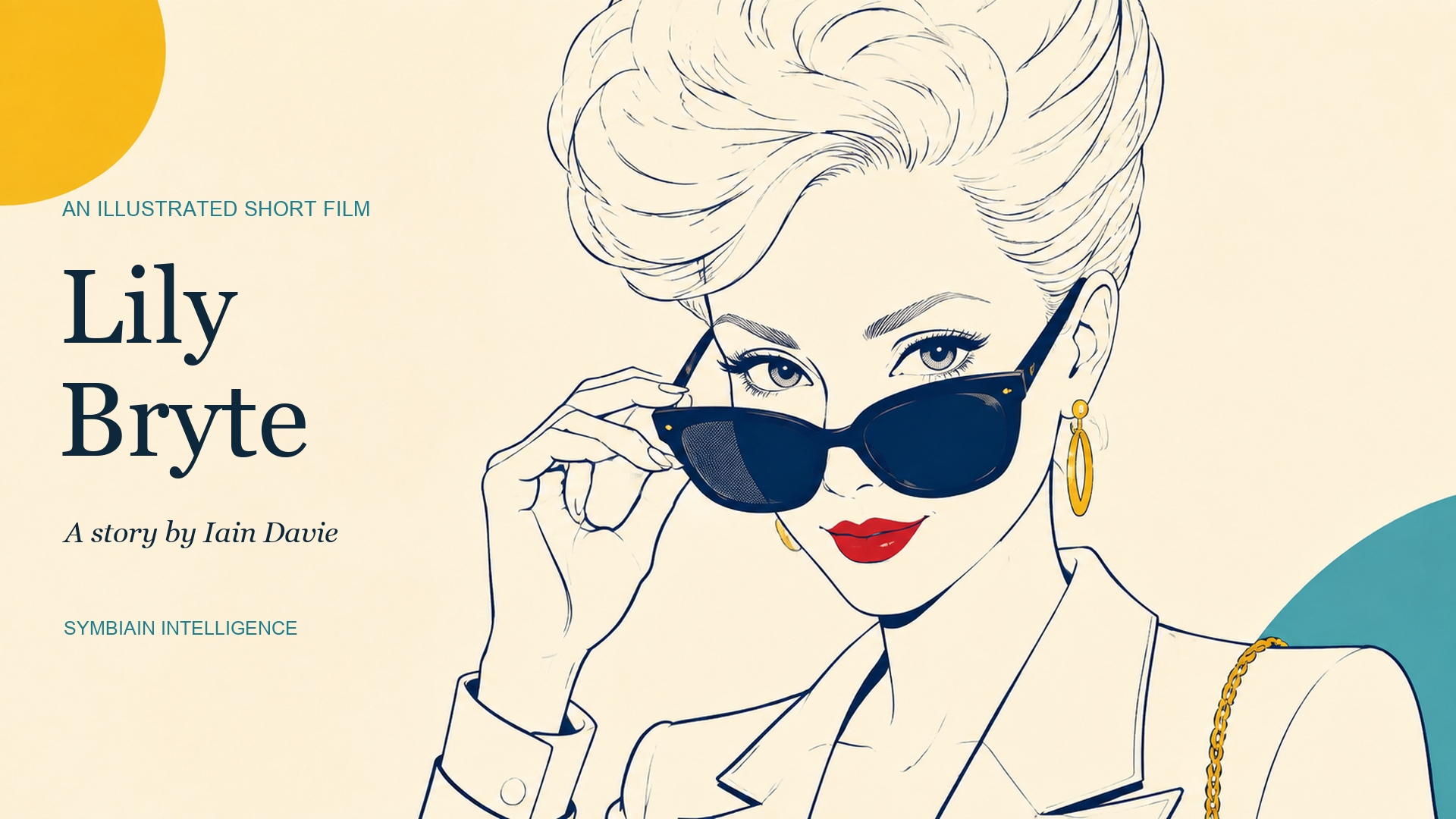 Lily Bryte in elegant navy line art, holding her glasses against warm ivory with red and teal accents