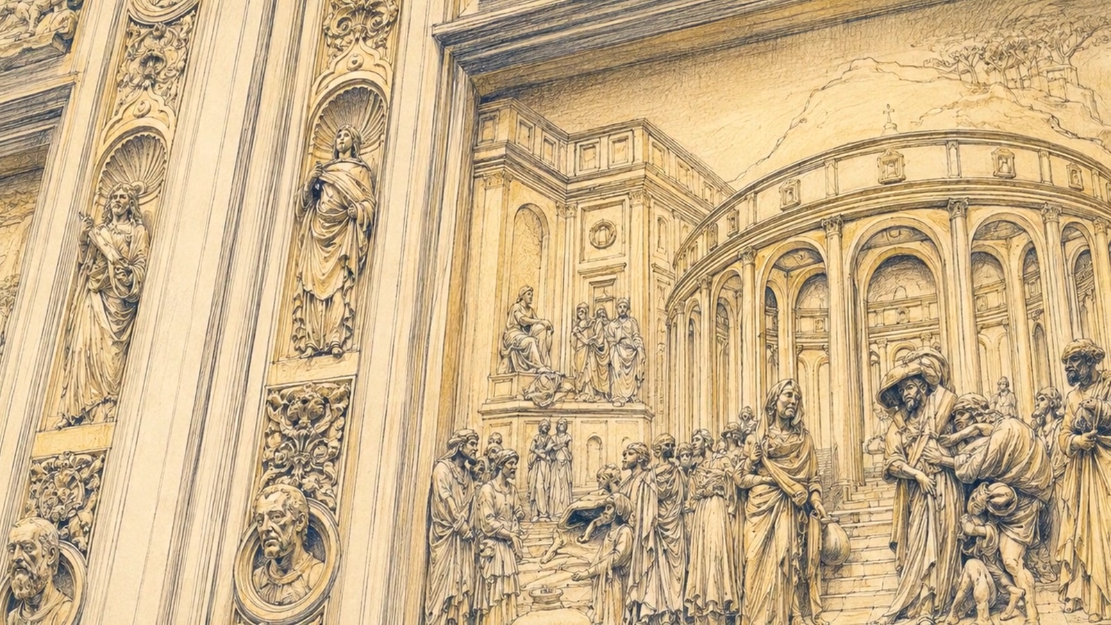 A detailed line-art interpretation of Lorenzo Ghiberti’s Gates of Paradise in Florence