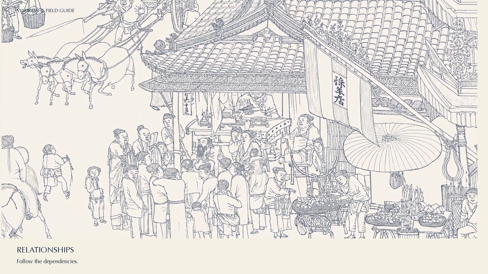 A Qingming-inspired river city interpreted in fine navy linework and restrained watercolour