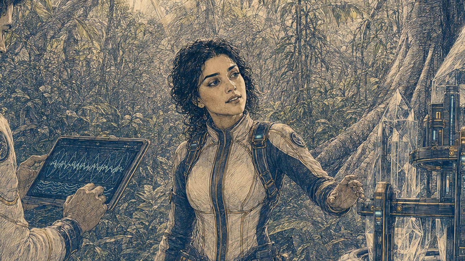 Donna beside a resonator in a finely drawn futuristic rainforest clearing