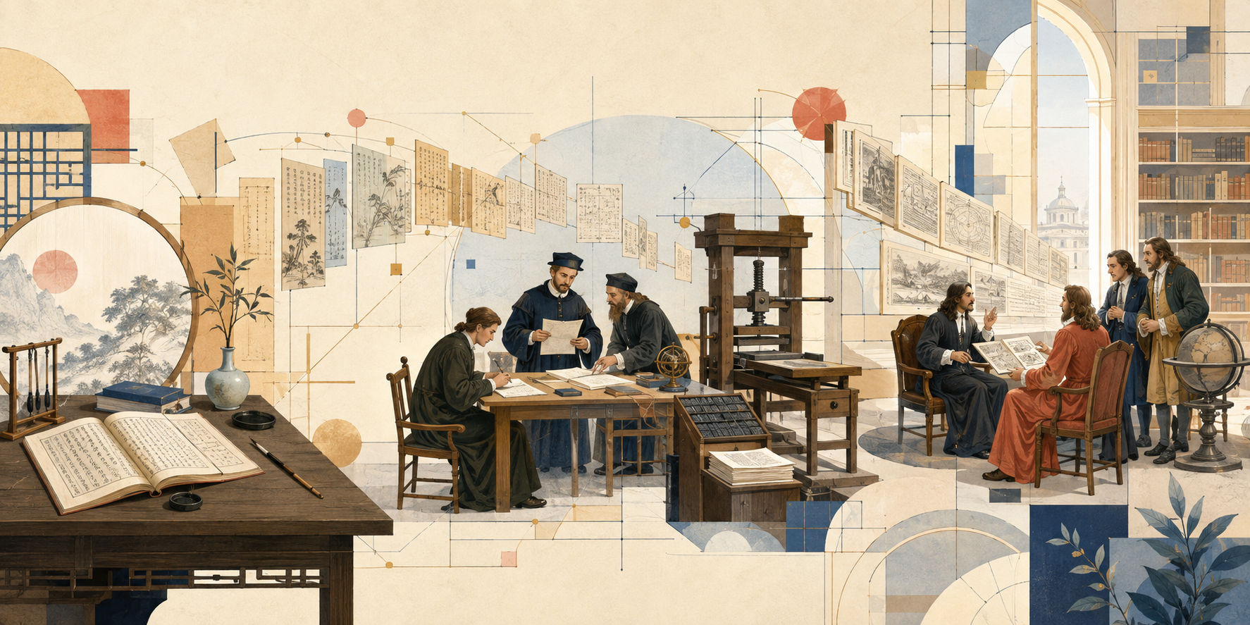 Illustrated journey of a Chinese classical text from a scholar’s table, through European translators and a printing press, to readers debating ideas in a library