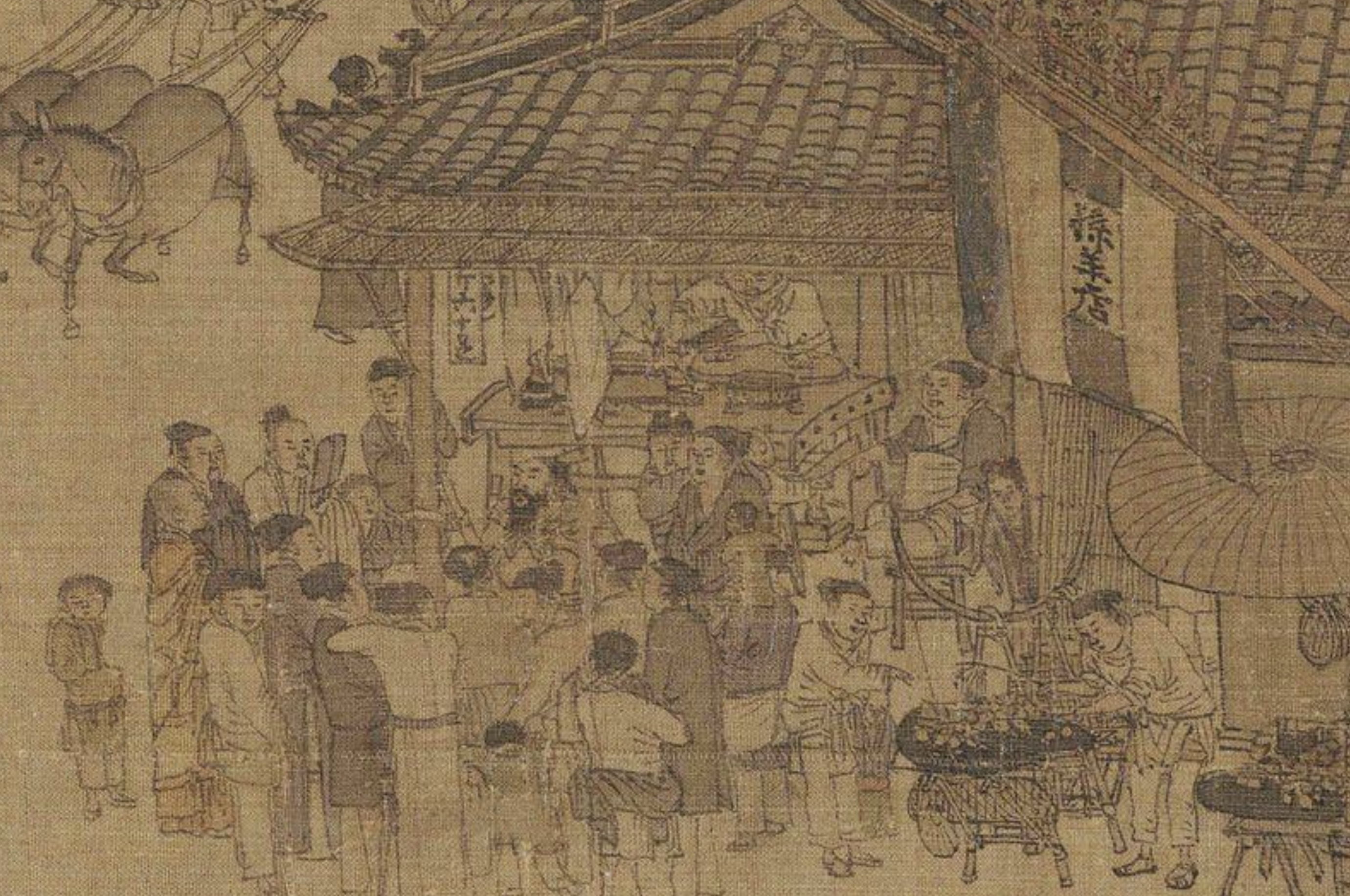 Detail from Along the River During the Qingming Festival showing a butcher's shop, used in Chapter 4 of Moneydie as part of a literary blade and butchery motif