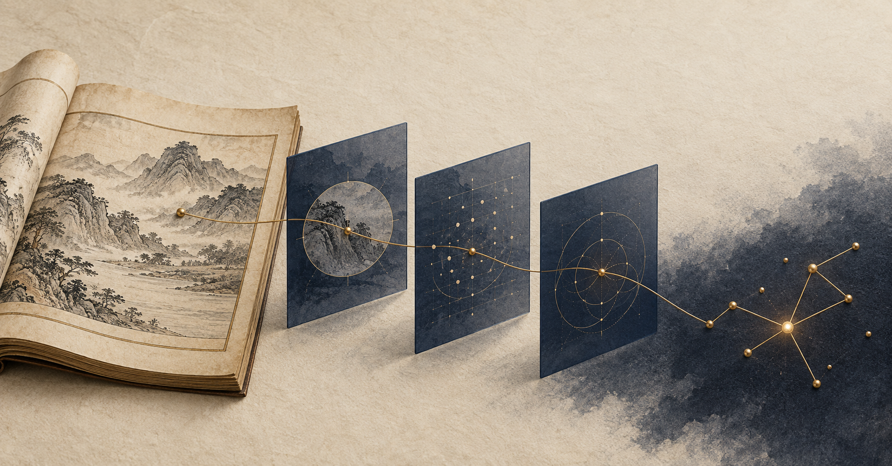 An original Symbiain Field Manual illustration showing a Chinese source page passing through archival frames into a brass constellation of inspectable claims