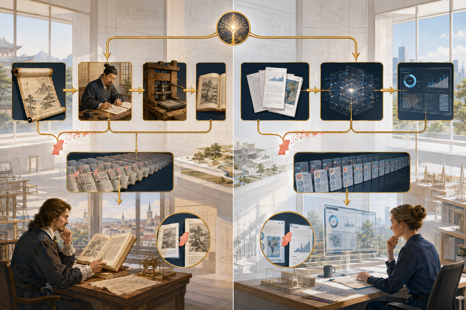 Interpretive split-screen illustration comparing a Chinese source moving through translation and print with modern evidence moving through an AI system, while a small unsupported addition enters each pathway before human judgement