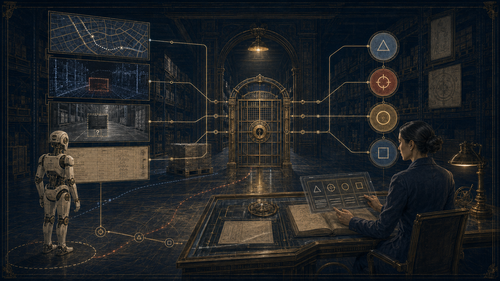 A cinematic warehouse exception chamber in which conflicting map, lidar, camera and record evidence reaches a safe-hold gate and human supervisor