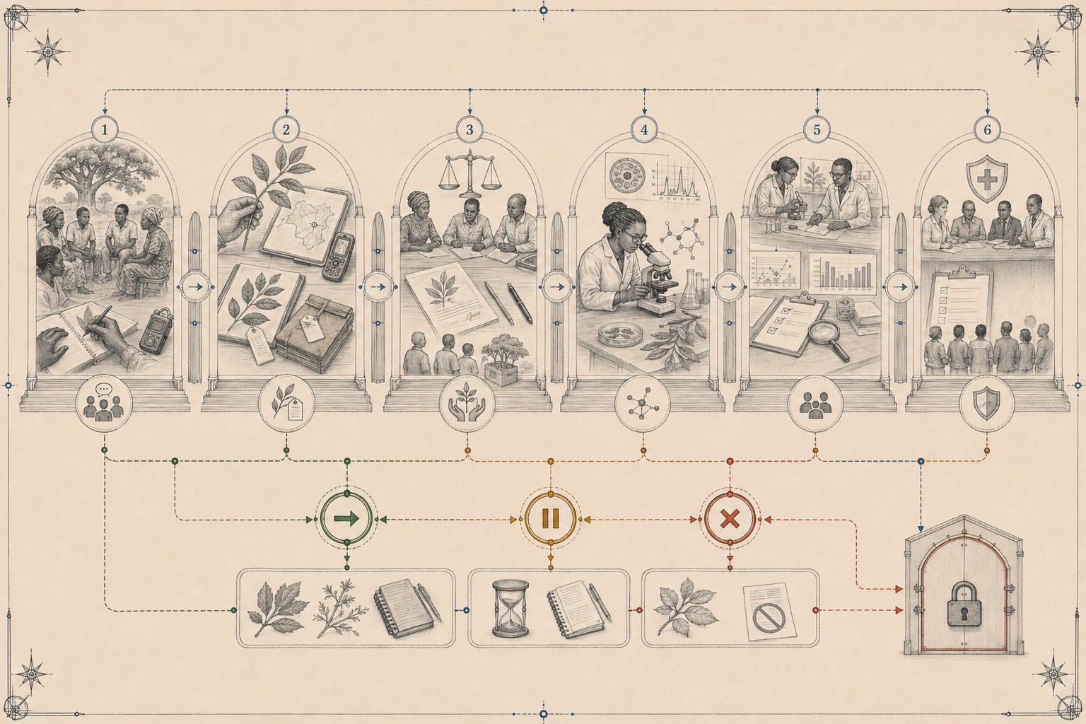 An original analytical plate mapping community knowledge through taxonomy, conservation, laboratory work, safety, clinical governance and advance, pause or stop gates.