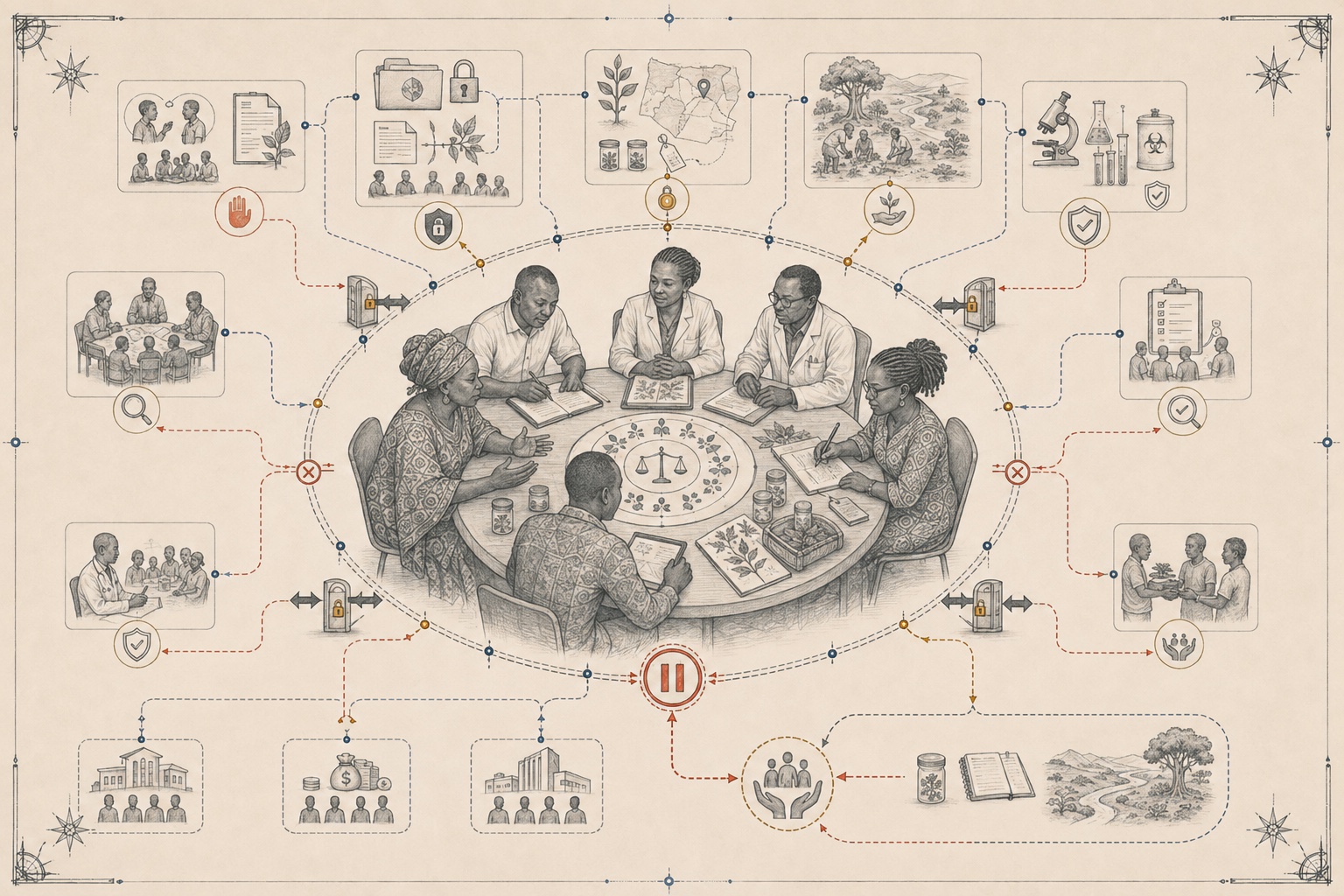 An original governance plate placing a community research council at the centre of consent, provenance, conservation and benefit-sharing decisions.