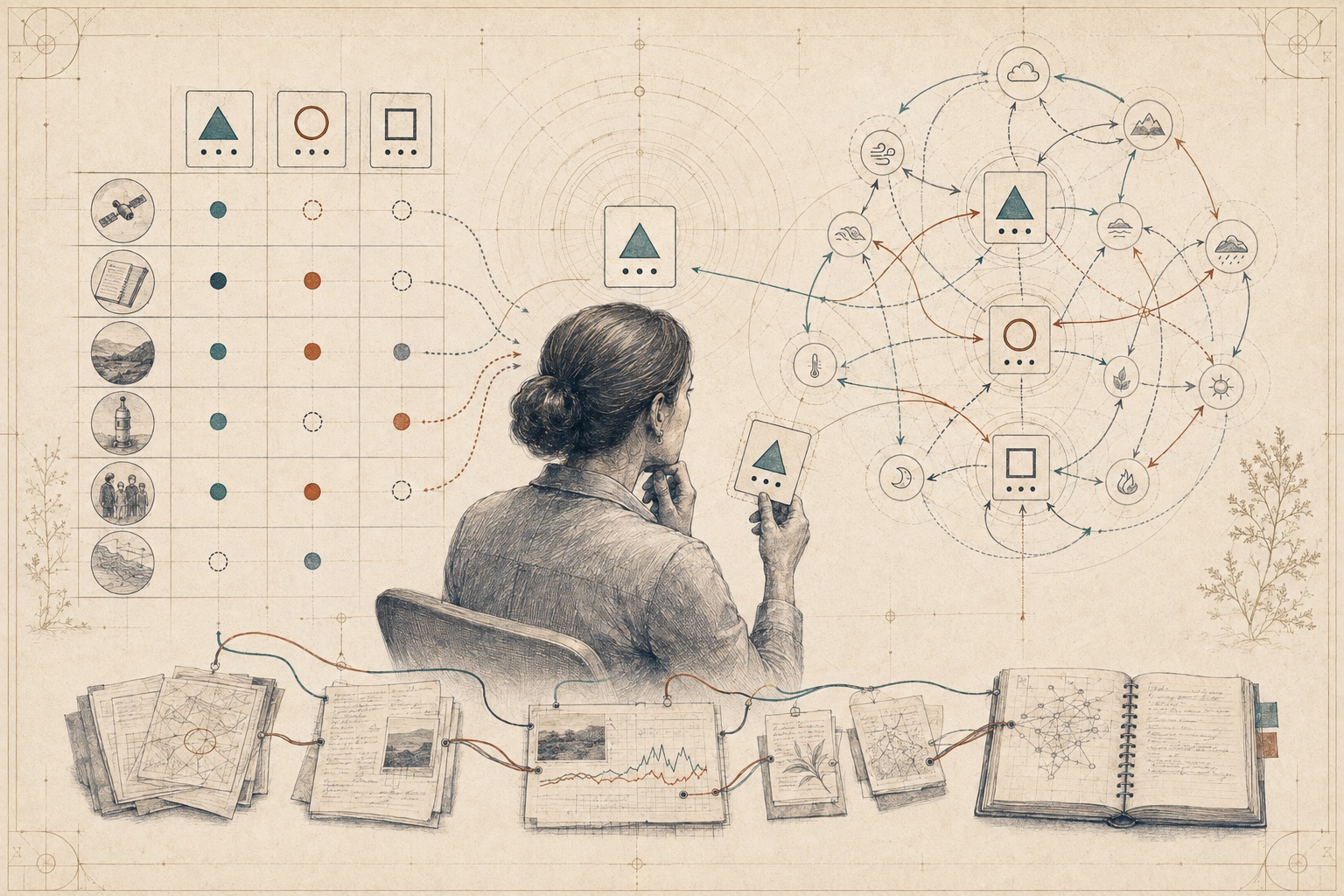 An original analytical plate contrasting a stable hypothesis evidence matrix with a dynamic network of conditions, dependencies, pressure and provenance.