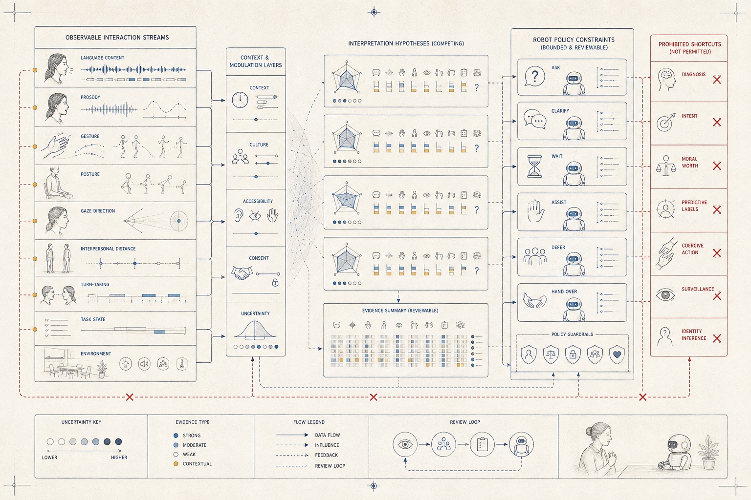 An original analytical plate separating language, gesture, posture, gaze direction, distance and task state from competing interpretations and bounded robot policies.