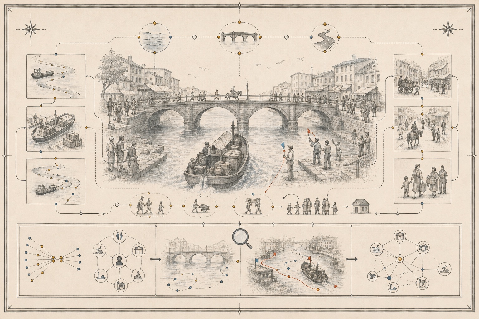 An original river-city systems plate showing a vessel at a crowded bridge, signalling, rerouting and a closer-observation revision sequence.