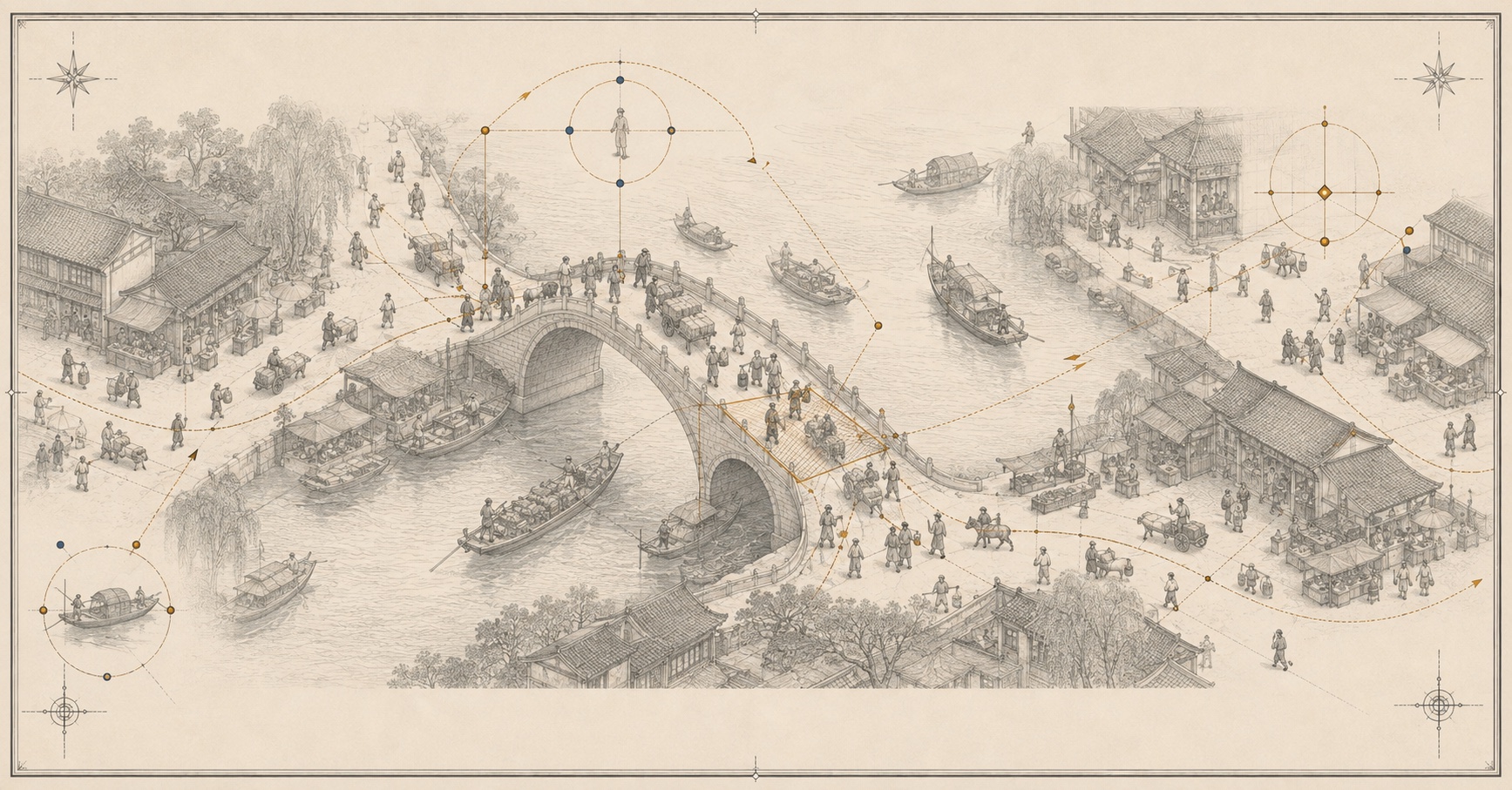 An original handscroll-inspired Symbiain Field Manual plate showing a river city, busy bridge, boats, workers, markets and observation paths.