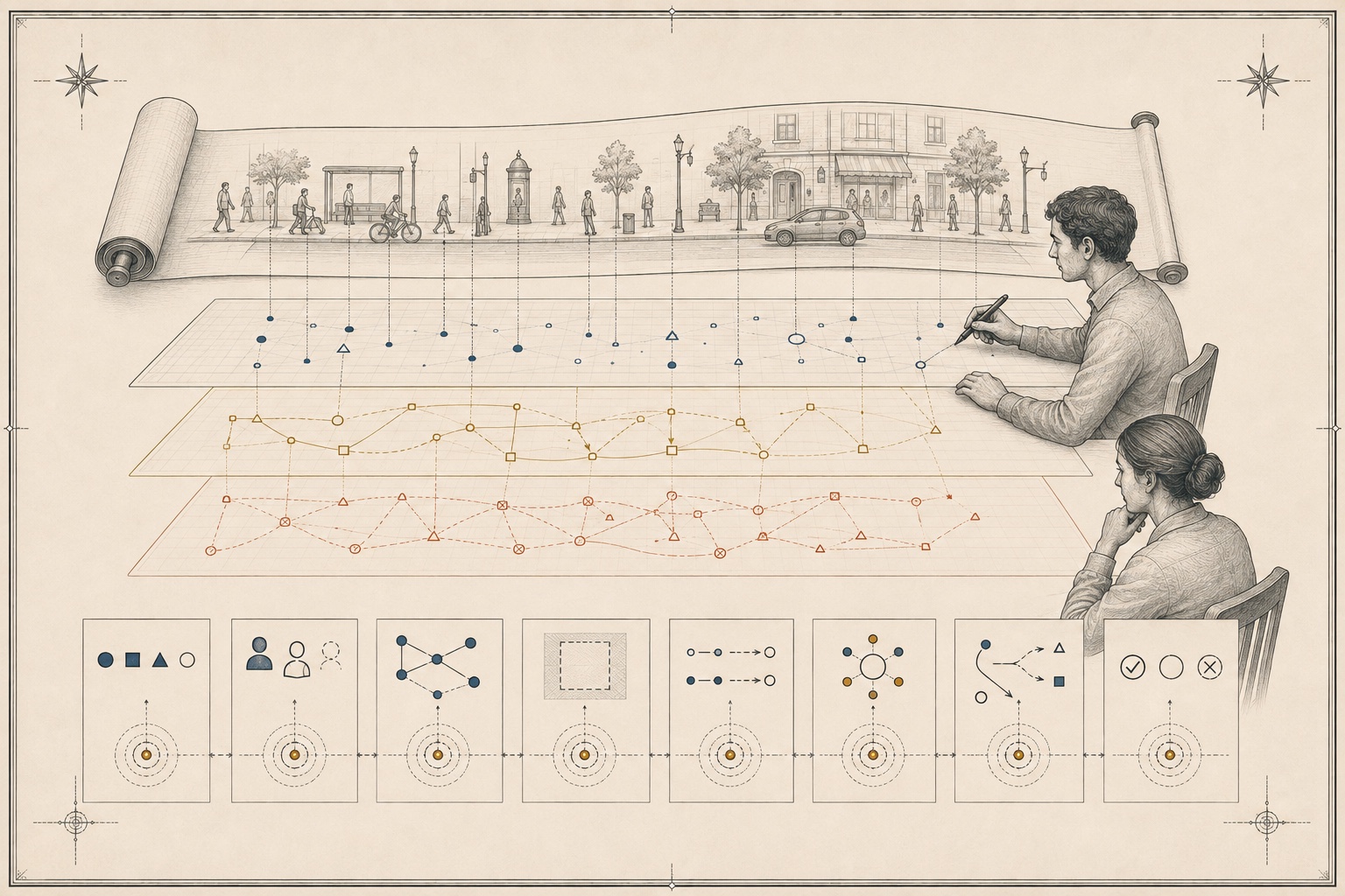 An original Field Manual plate separating a street scene into visible entities, roles, relations, boundaries, temporal forms, stakes, outcomes and interpretations.
