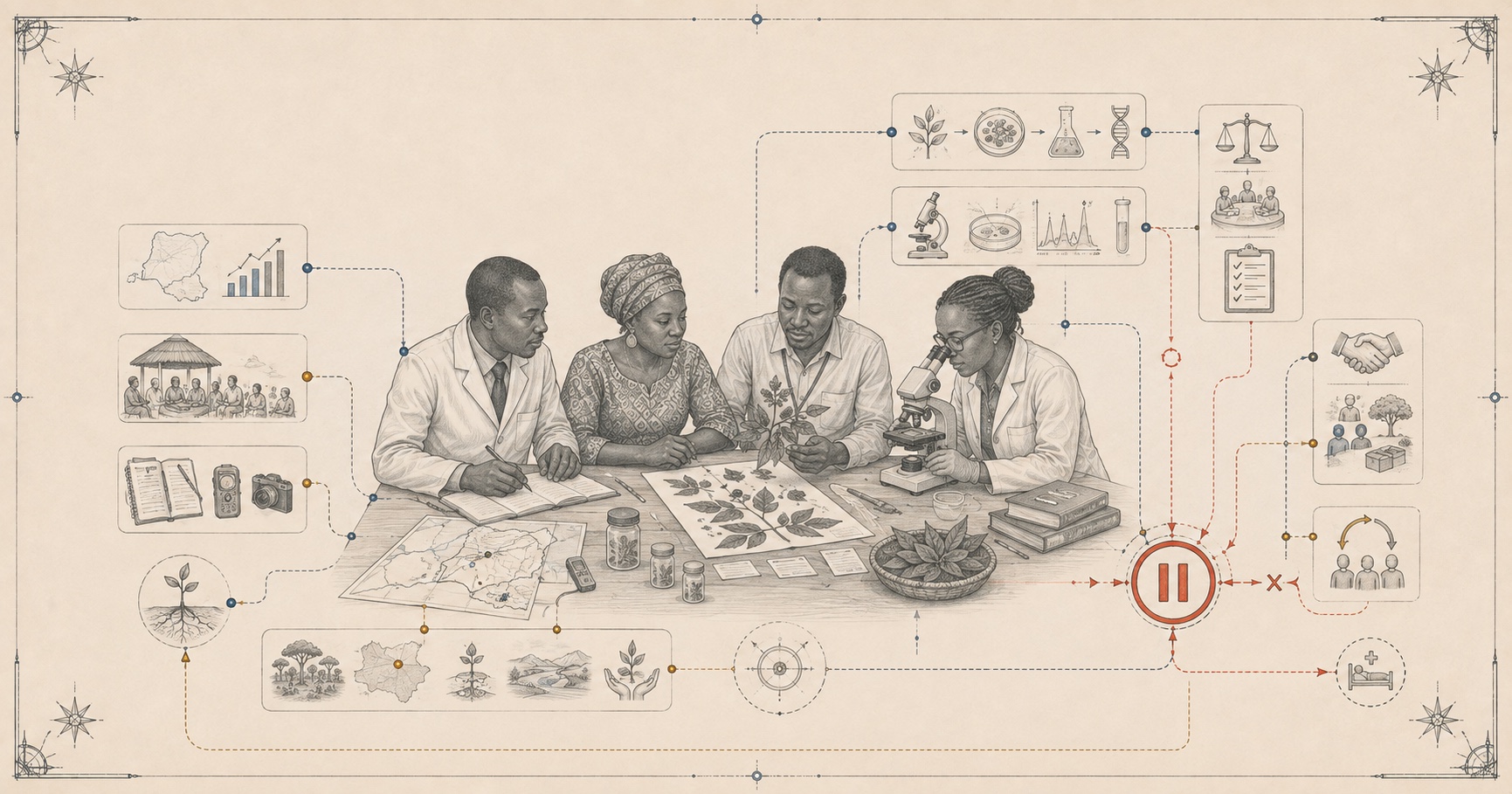 An original Symbiain Field Manual plate showing a Congolese-led research field connecting cancer-care need, botanical knowledge, evidence boundaries and a closed treatment-claim gate.