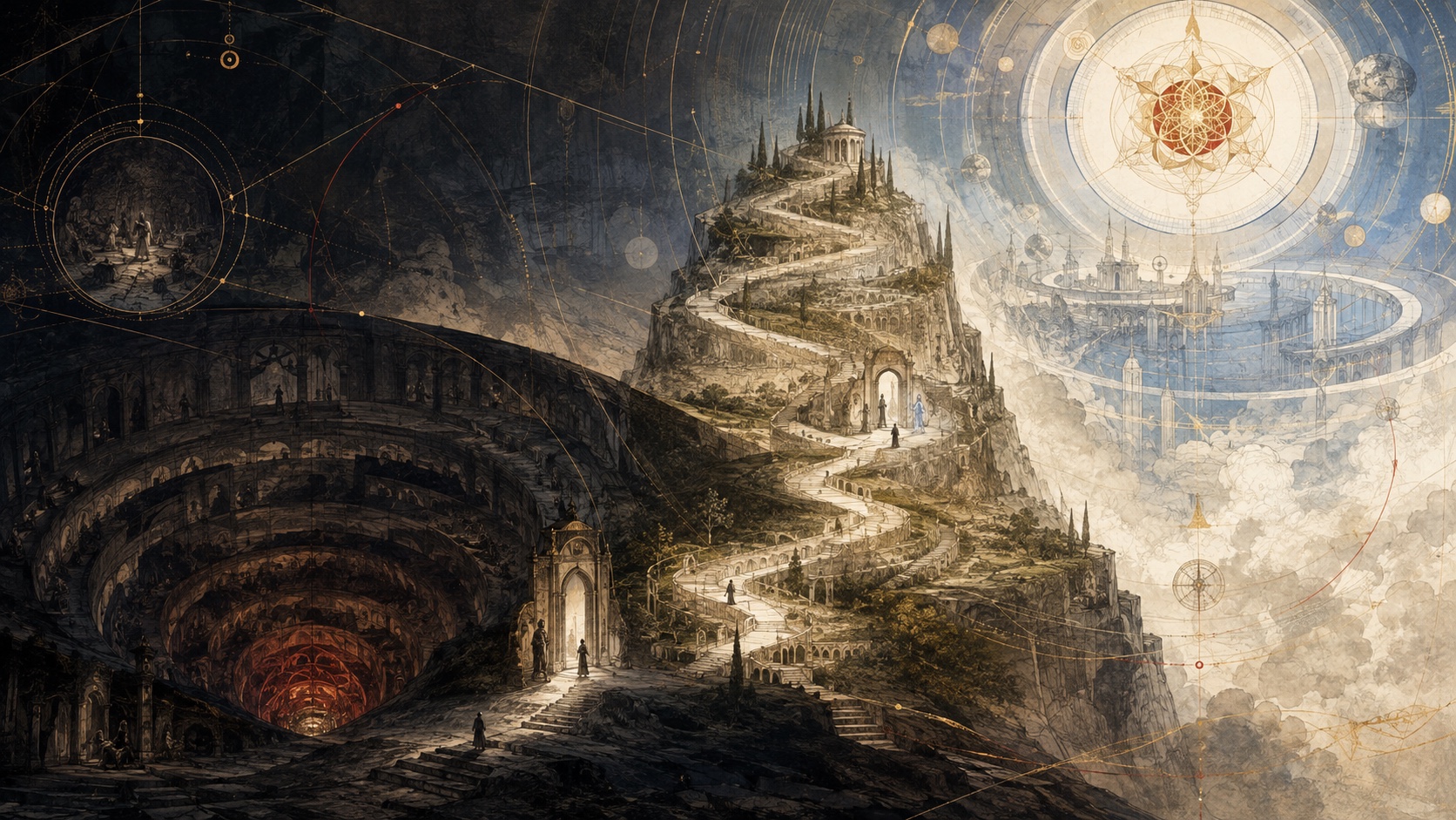 An original Symbiain plate showing a pilgrim moving from descending chambers through a terraced mountain towards a celestial relational geometry.