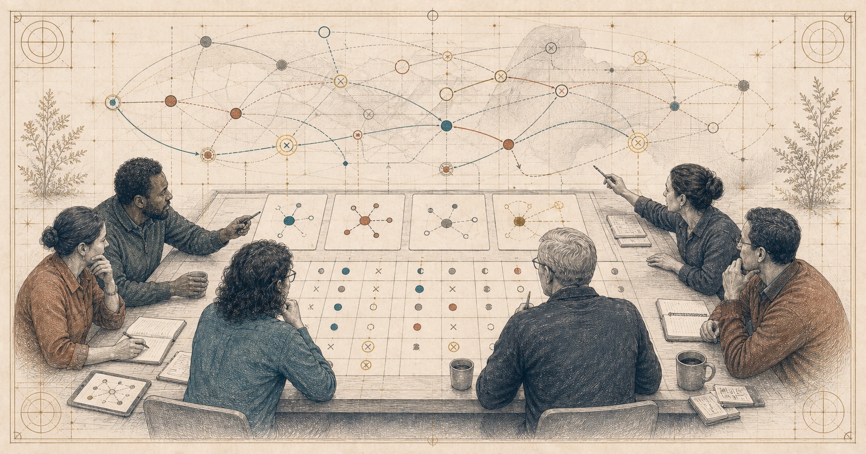 An original Symbiain Field Manual plate showing an analytical team comparing competing hypotheses in an evidence matrix while a changing relational field remains visible above it.
