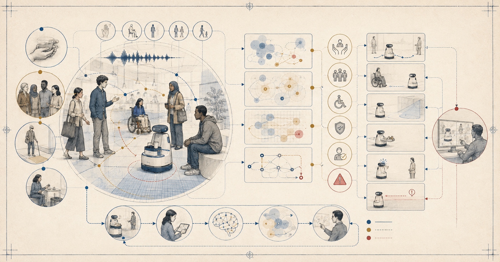 An original Symbiain Field Manual plate showing diverse people, a modest service robot, separate observable streams, possible interpretations, ethical constraints and human override.