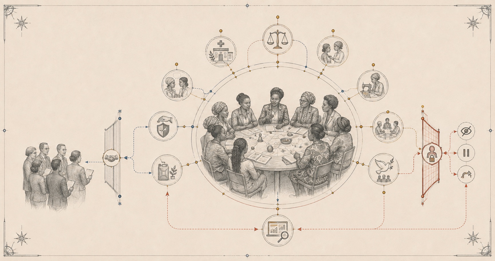 An original Symbiain Field Manual plate showing Congolese women-led authority connecting services, resources, safe participation and a privacy boundary.