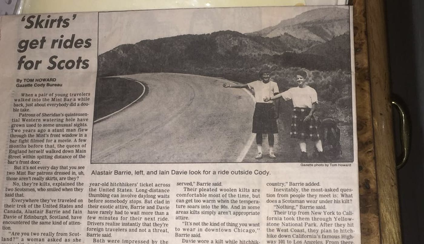 Newspaper clipping about Iain Davie hitchhiking in America