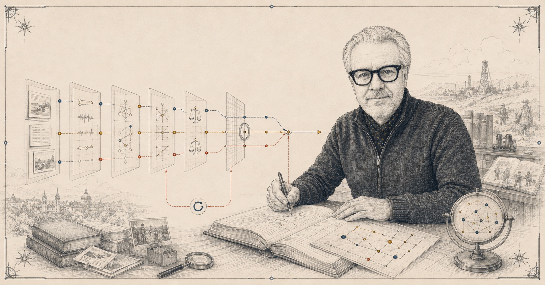 Editorial line portrait of Iain Davie within an architectural Symbiain field
