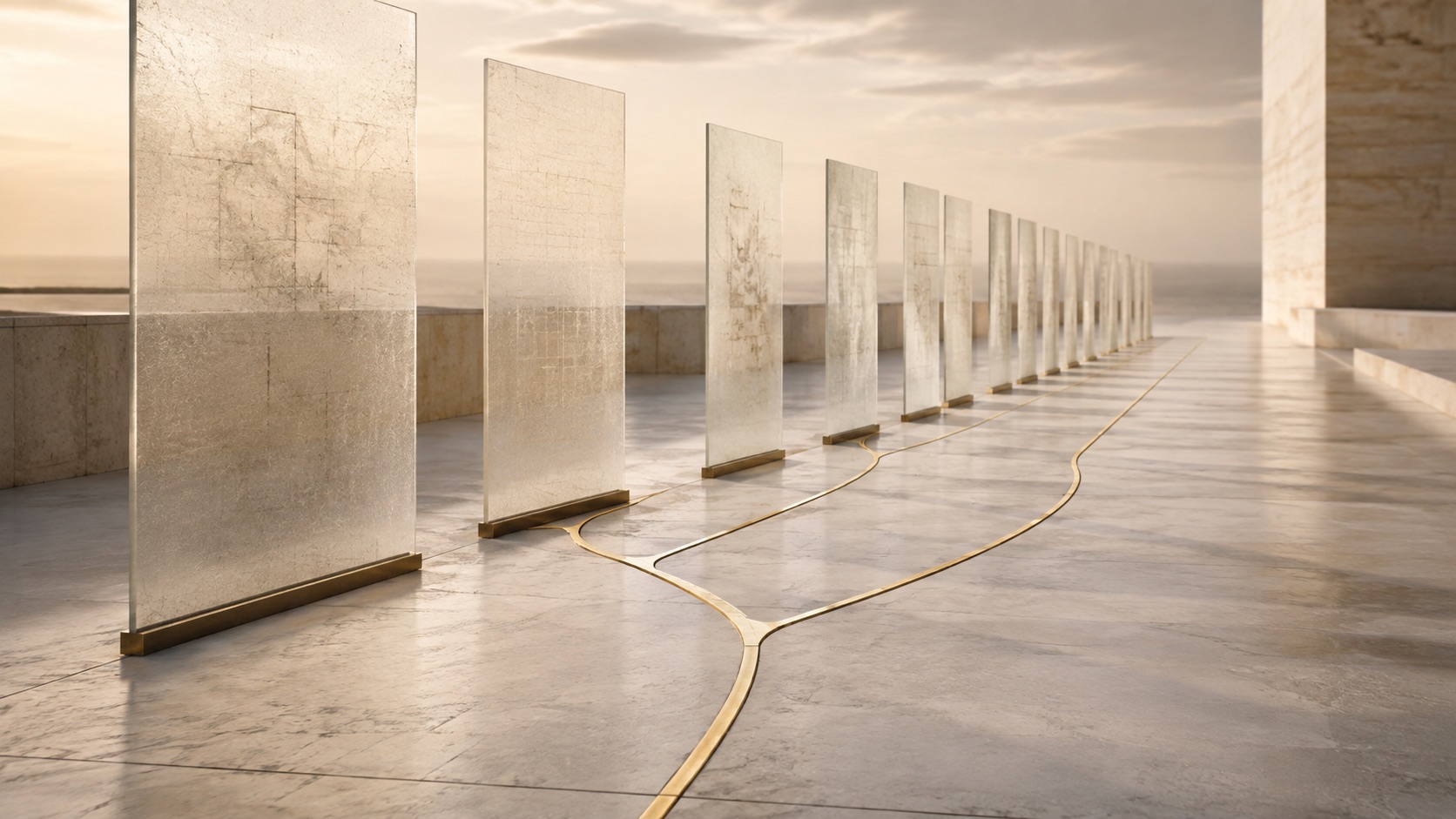 Conceptual ivory architectural sequence with retained record panels and a branching brass thread across time.