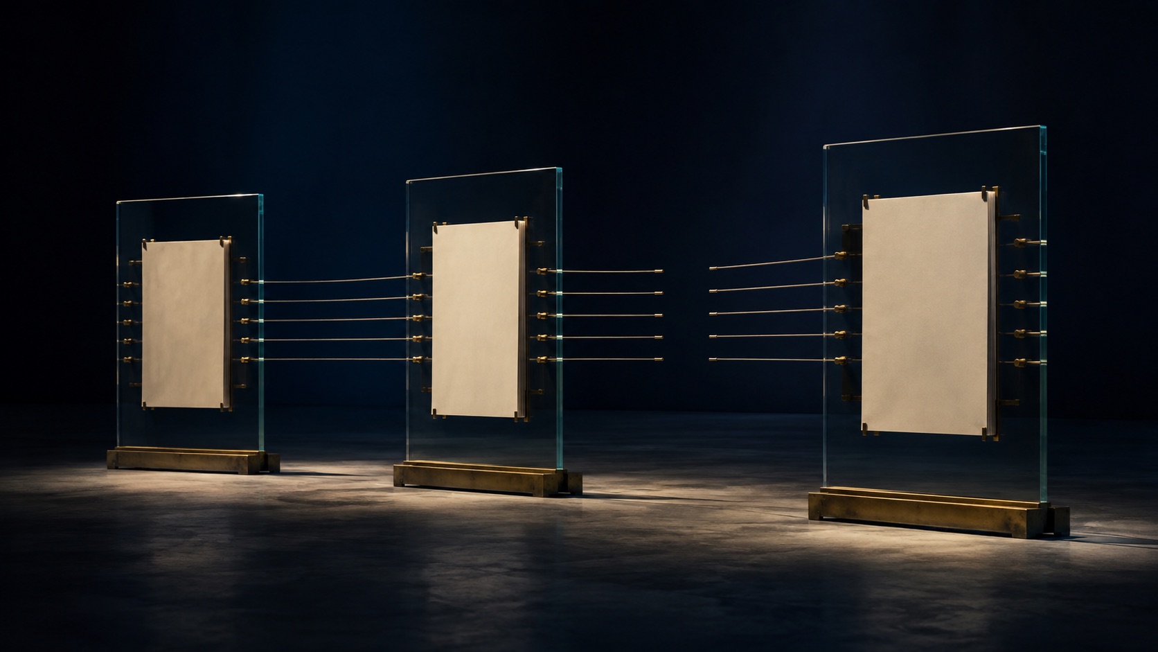 Conceptual navy architectural installation with translucent evidence planes, brass connections and an unresolved gap.