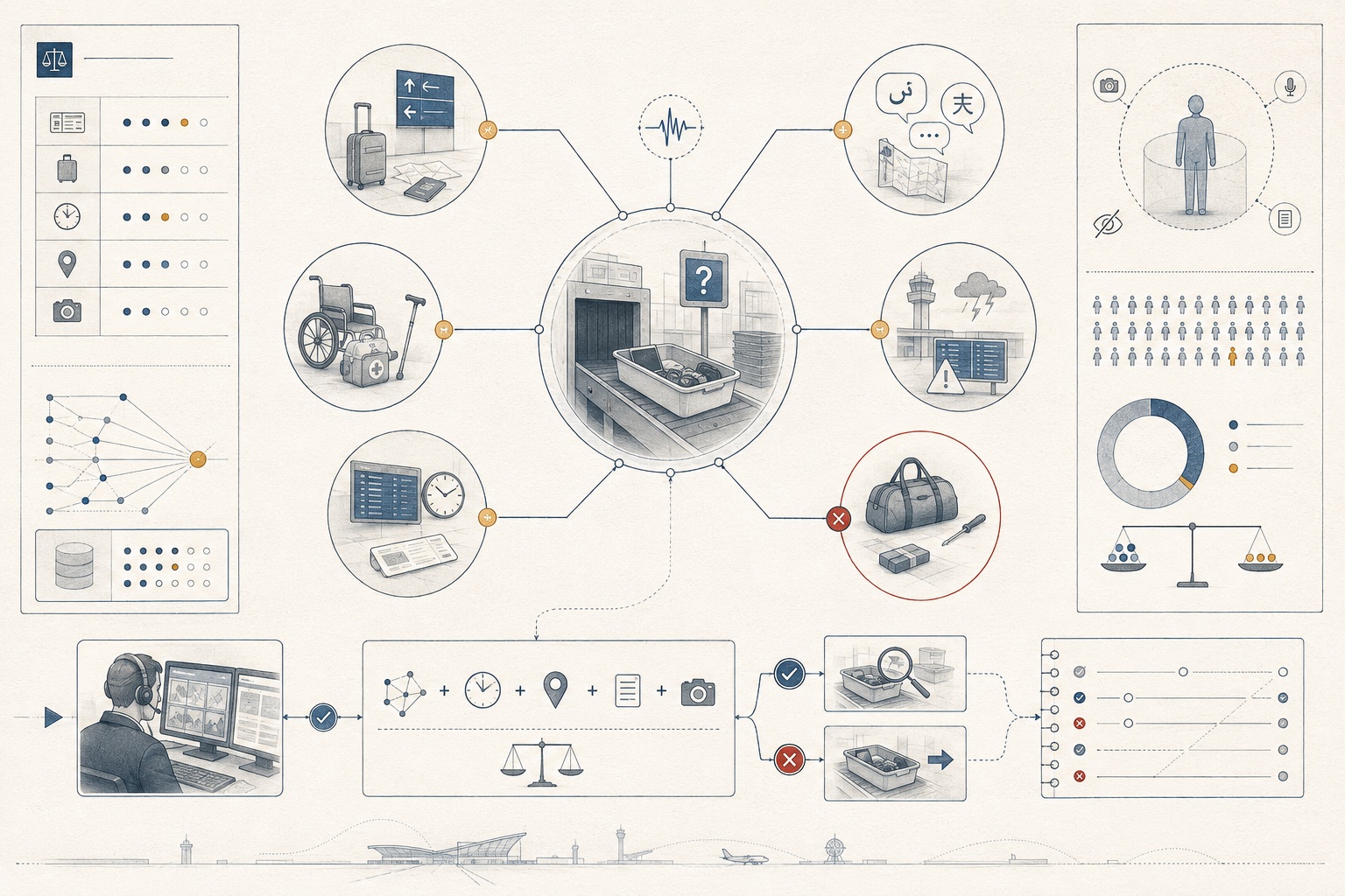 An original analytical plate branching one neutral airport observation into ordinary travel, accessibility, language, disruption and security explanations before corroboration.