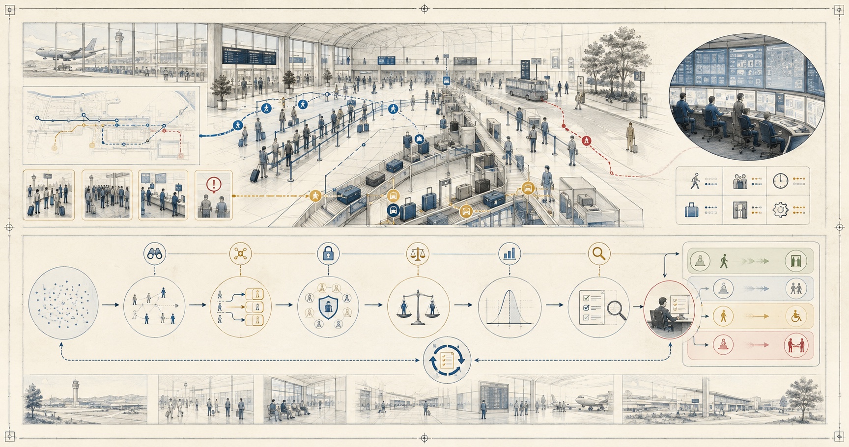 An original Symbiain Field Manual plate showing an airport operational field, neutral signals, corroboration gates, privacy and accessibility checks and accountable human supervision.