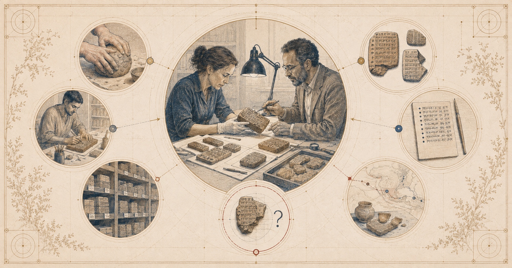 An original interpretive Field Manual plate showing conservators and scholars examining clay-tablet witnesses within a field of manufacture, copying, archive survival, administrative media and provenance.