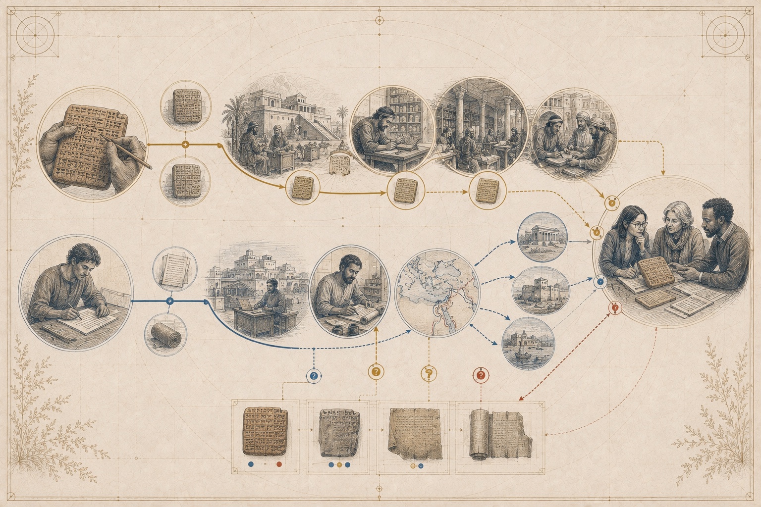 An original interpretive plate showing cuneiform scholarly transmission and alphabetic administrative transmission as parallel, overlapping and changing streams reviewed against surviving witnesses.
