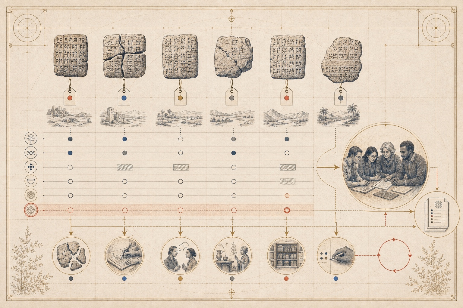An original interpretive comparison plate showing multiple damaged tablet witnesses, provenance markers, variant positions, alternative explanations and an open revision loop.