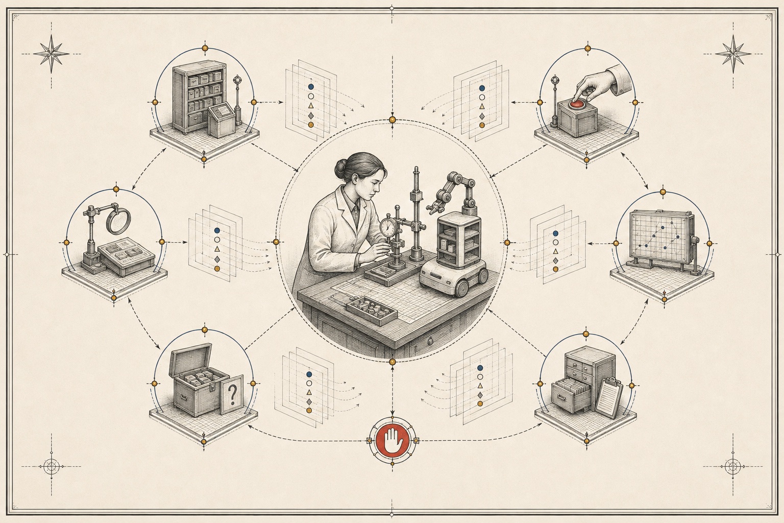 A Symbiain Field Manual plate showing a clinical pharmacist calibrating a small automation assistant through independent evidence, review, override and correction fields.