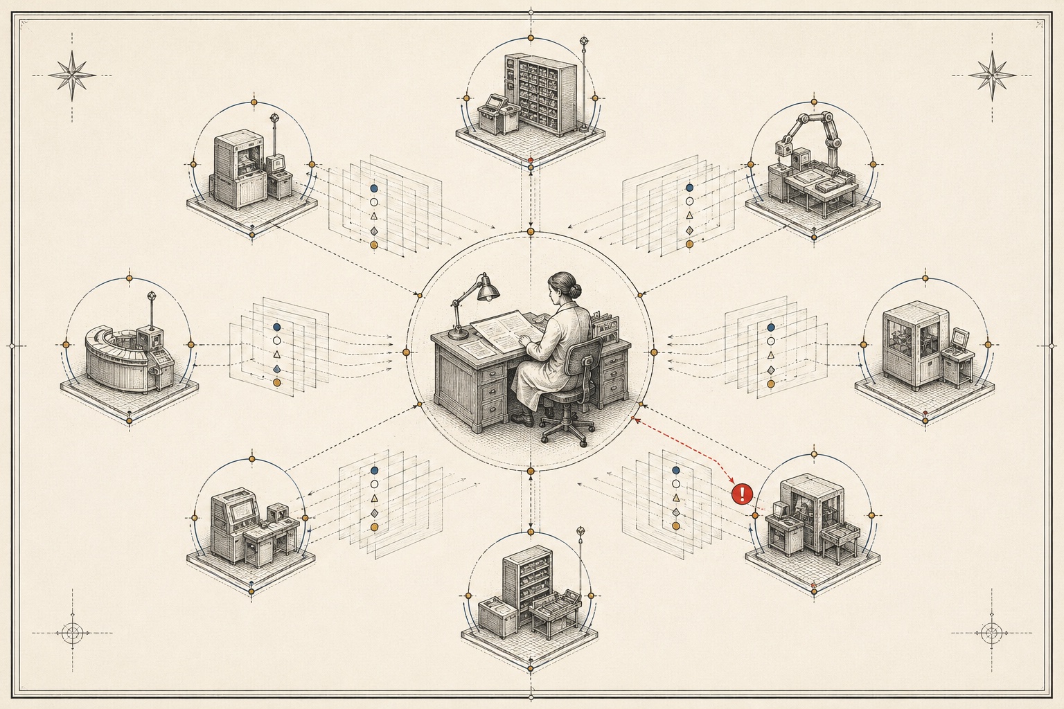 A Symbiain Field Manual plate showing an accountable clinical pharmacist at a central desk with several bounded pharmacy automation workstations and separate evidence planes.