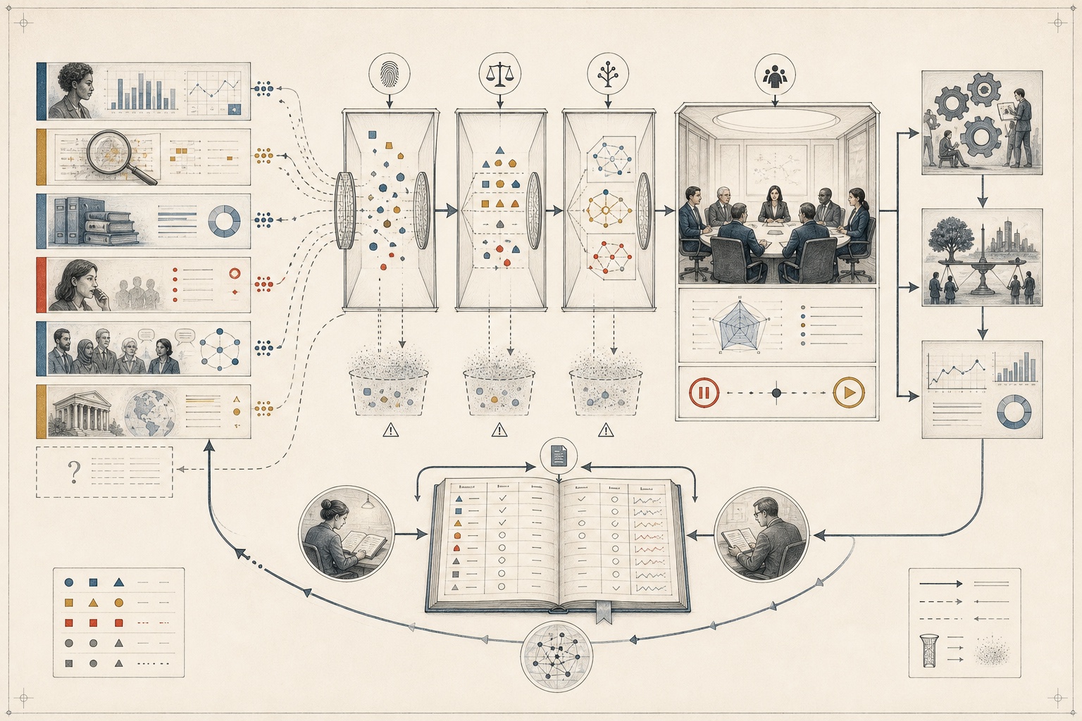 An original signal-to-action plate connecting diverse governance evidence to provenance, alternatives, board verification, outcomes and correction.