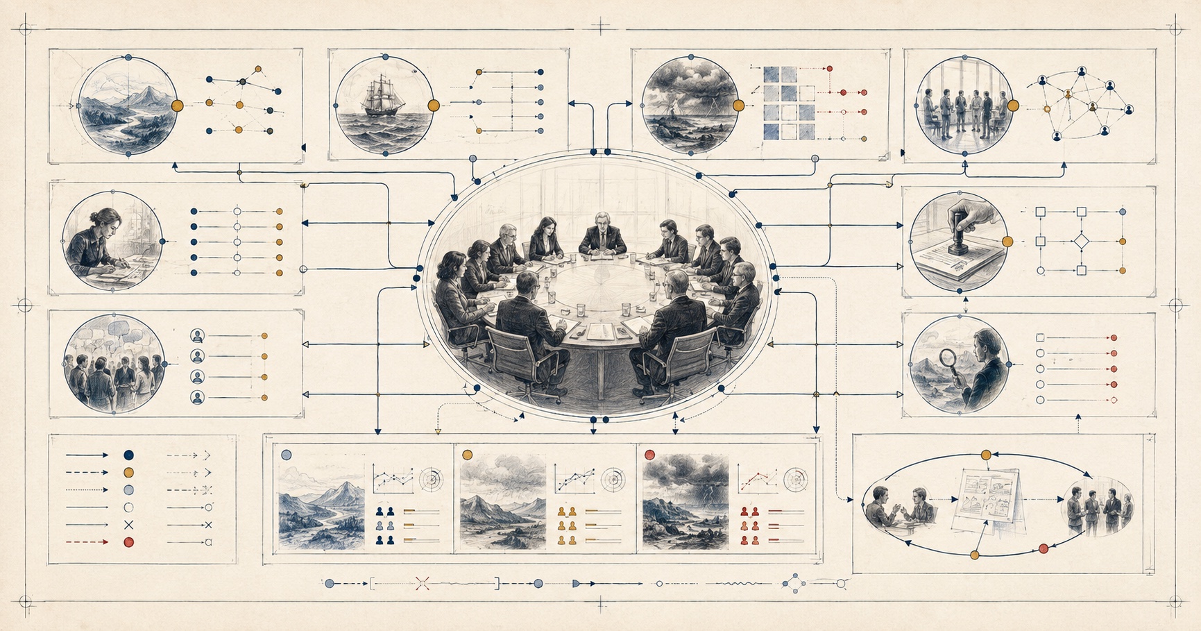 An original Symbiain Field Manual plate placing a human board at the centre of purpose, strategy, risk, culture, control, stakeholders, assurance and outcomes.