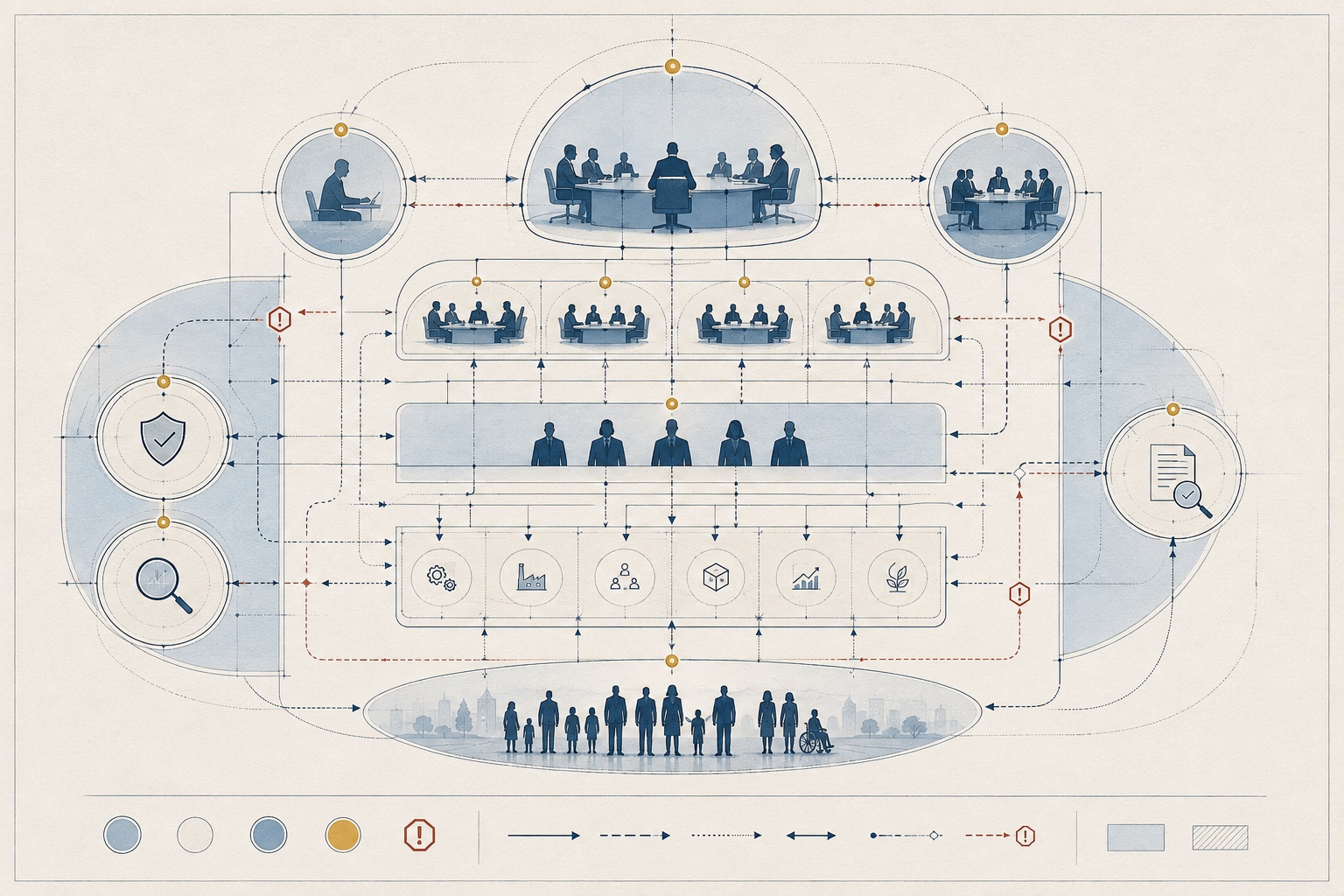 An original governance plate mapping board, committees, executive functions, operations, assurance, owners and stakeholders as distinct responsibility zones.