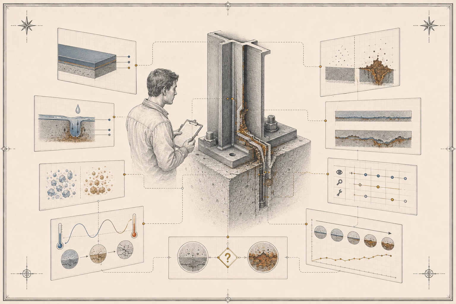 An original analytical plate showing a cutaway steel connection surrounded by coating, moisture, salt, temperature, inspection and change-over-time evidence planes.