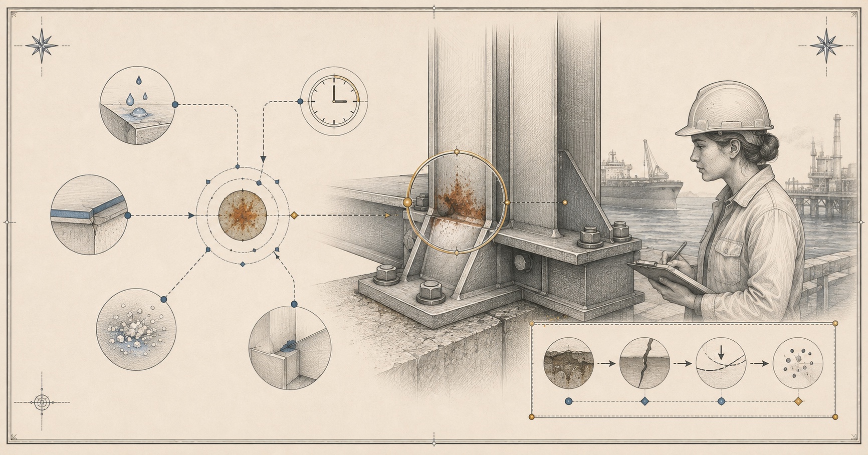 An original Symbiain Field Manual plate showing an engineer examining a rust trace on a marine steel connection while material, moisture, salt, geometry and time remain distinct evidence paths.