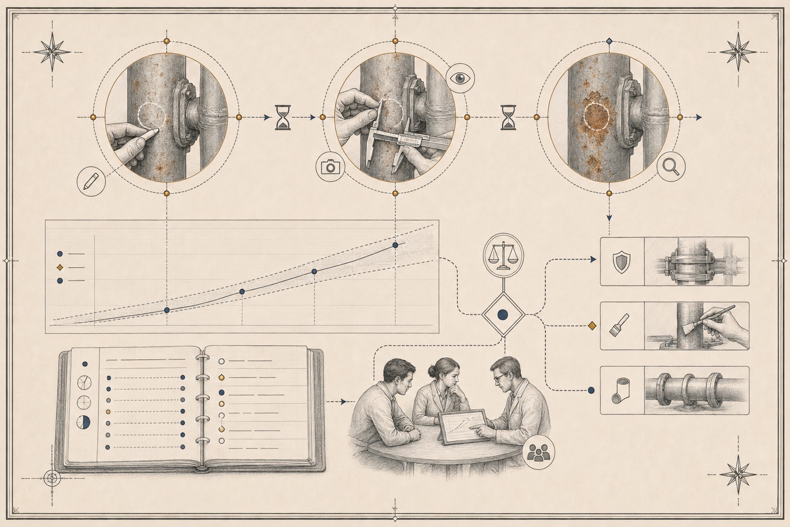 An original analytical plate showing repeated inspection of a corrosion mark, a change-over-time curve, an evidence register and proportionate maintenance options under engineering review.