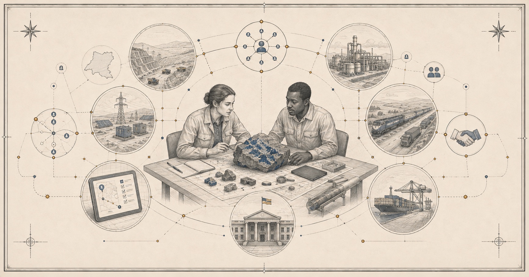 An original Symbiain Field Manual plate showing Congolese and international technical professionals examining a cobalt-bearing sample within a wider field of geology, power, processing, logistics, traceability, policy and buyers.