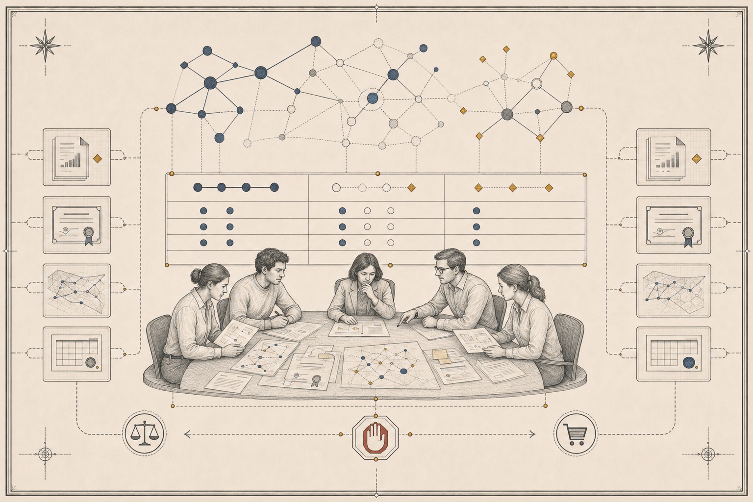 An original analytical plate showing a diverse review team comparing documents, certificates, route evidence and alternative supply configurations before a commercial pause gate.