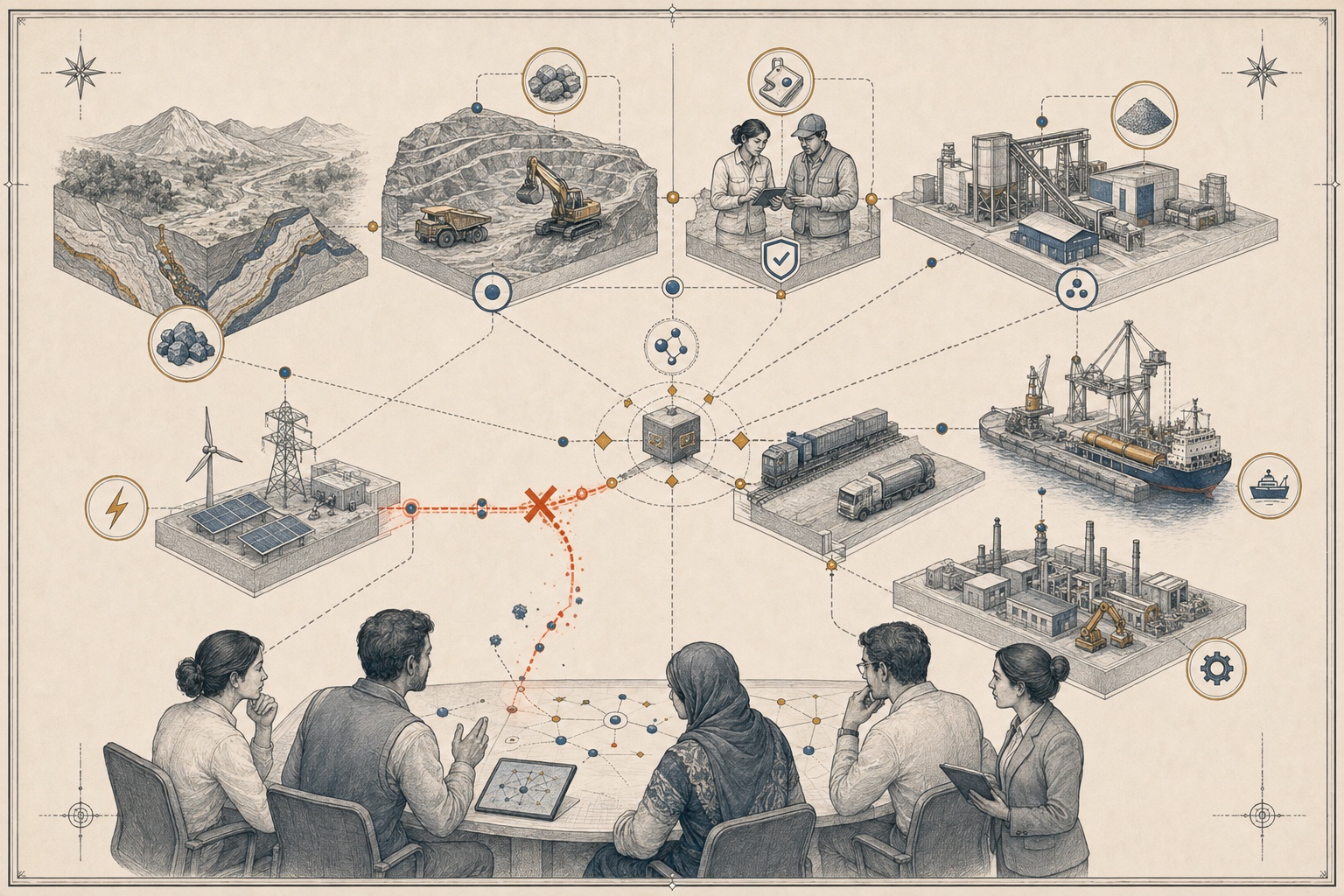 An original systems plate mapping an ore body through extraction, chain of custody, processing, energy, transport, port and industrial use, with one disrupted dependency propagating through the field.