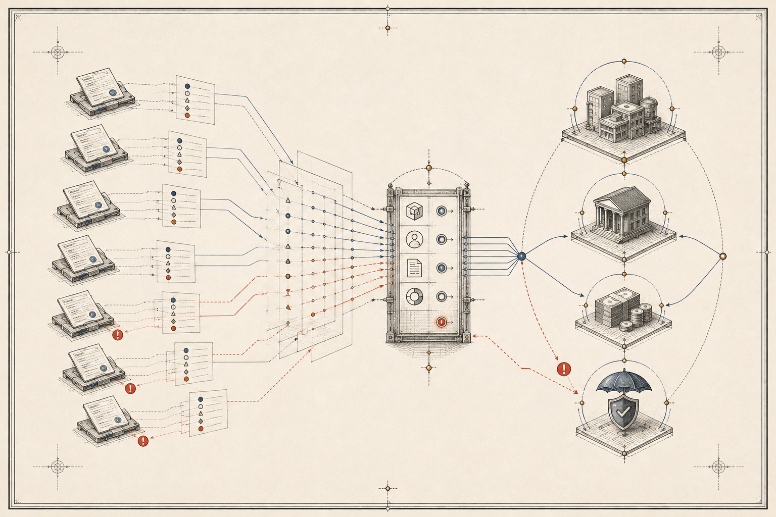 An original analytical plate showing apparently separate receivables passing through a verification gate and converging on concentrated economic, funding and insurance dependencies.