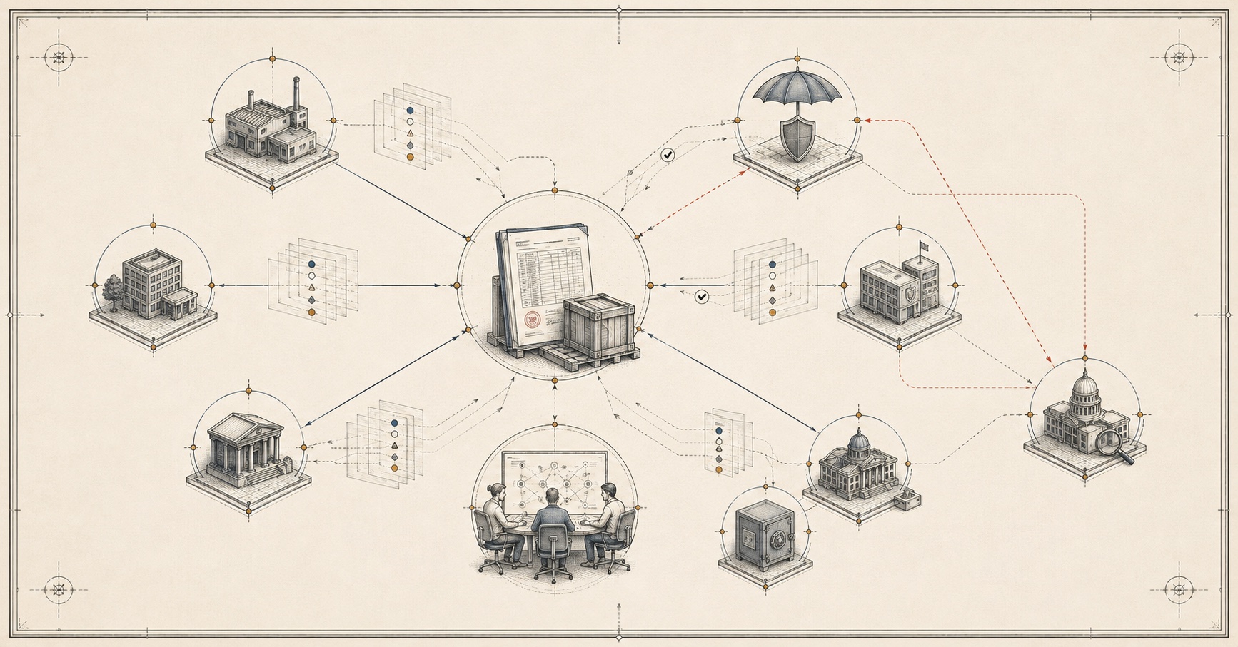 An original Symbiain Field Manual plate showing a receivable and goods record at the centre of an interdependent field of originator, debtor, insurer, bank, fund, investor, trustee and public gatekeeper.